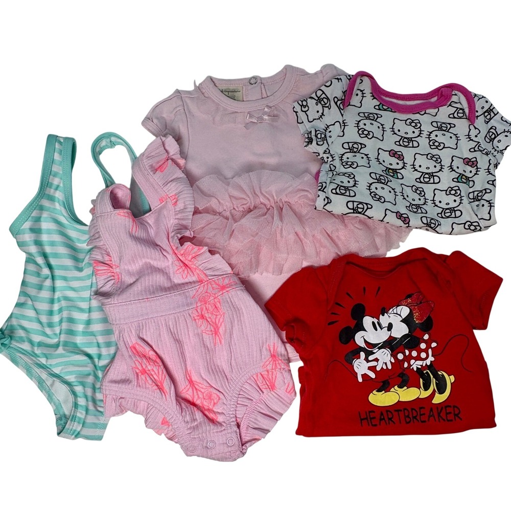 0-3 month lot of 6 baby‎ girl Disney Hello Kitty Bodysuit Romper Bib ruffle new